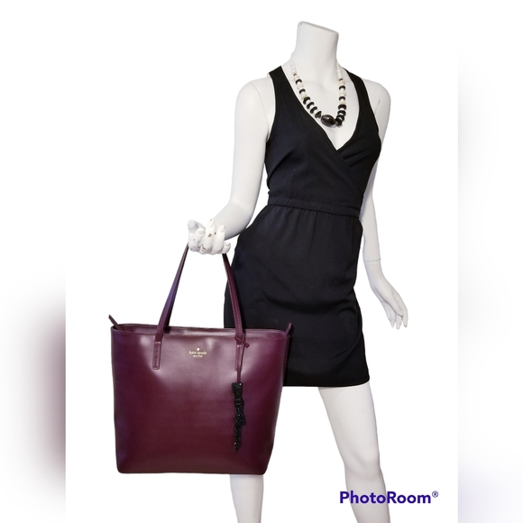 KATE SPADE NEW YORK MAROON TOTE SHOULDER BAG PURSE LEATHER LARGE BOW EUC - Picture 1 of 13